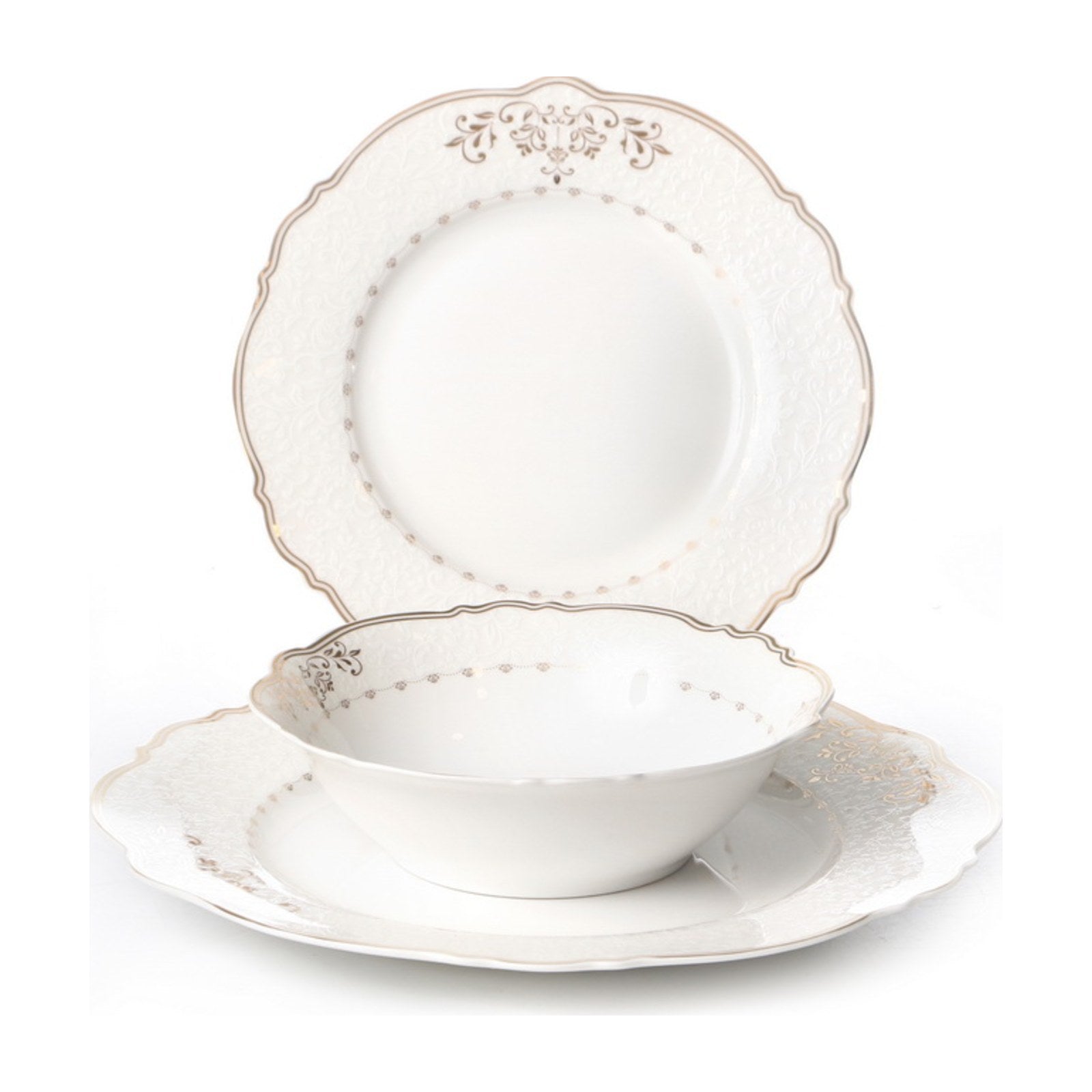 מערכת אוכל 18 חלקים Daisy לבן וזהב New Bone China, קטרים 28/22/18 ס"מ