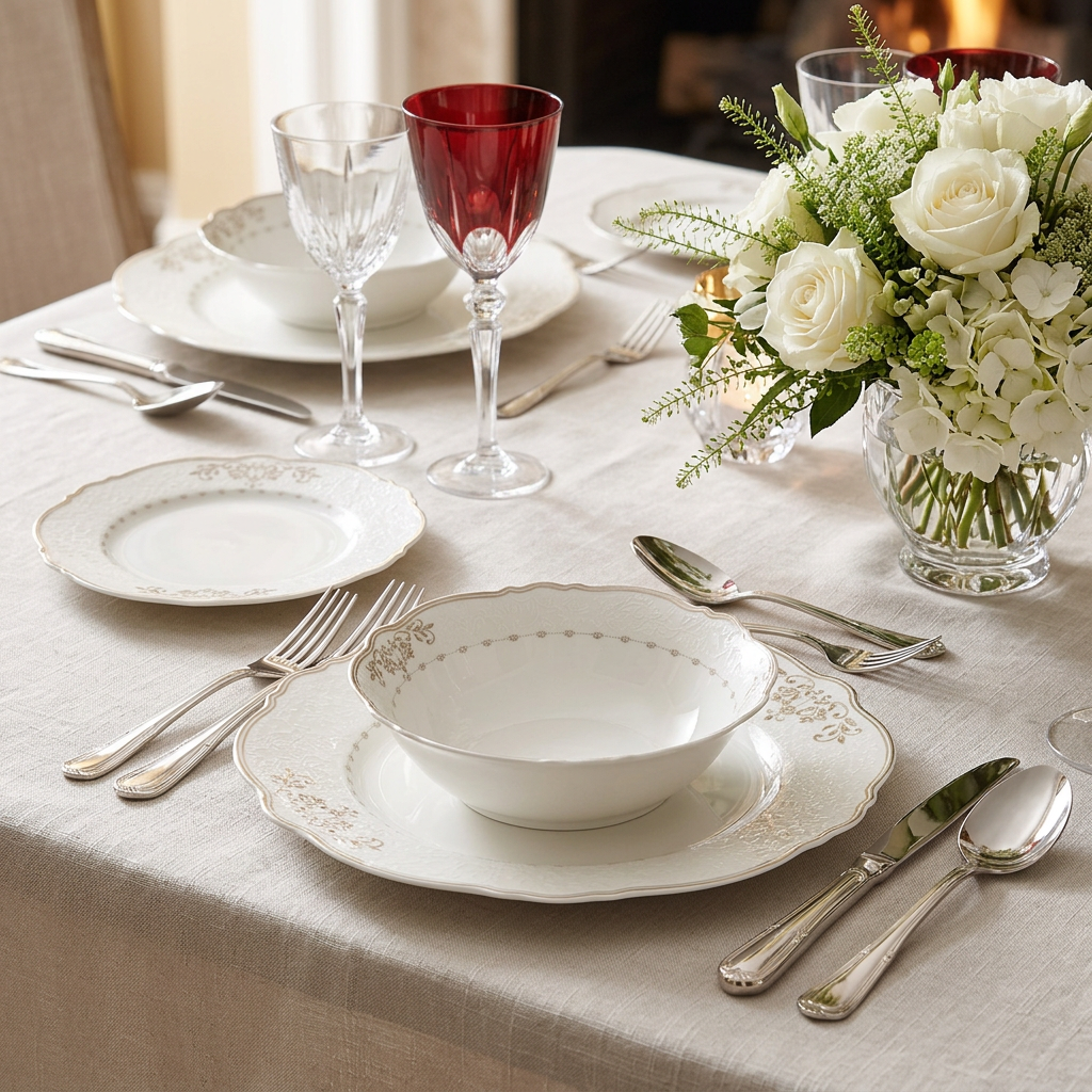מערכת אוכל 18 חלקים Daisy לבן וזהב New Bone China, קטרים 28/22/18 ס"מ