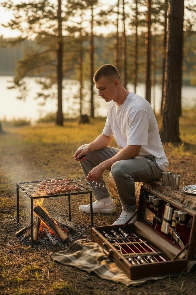 Набор шампуров в изящной деревянной коробке кожа VIP 6